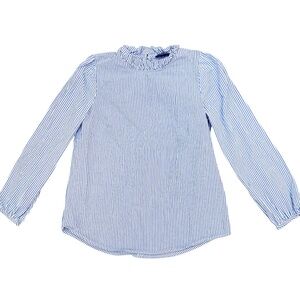 J crew organic cotton ruffle neck blue striped long sleeve career top
